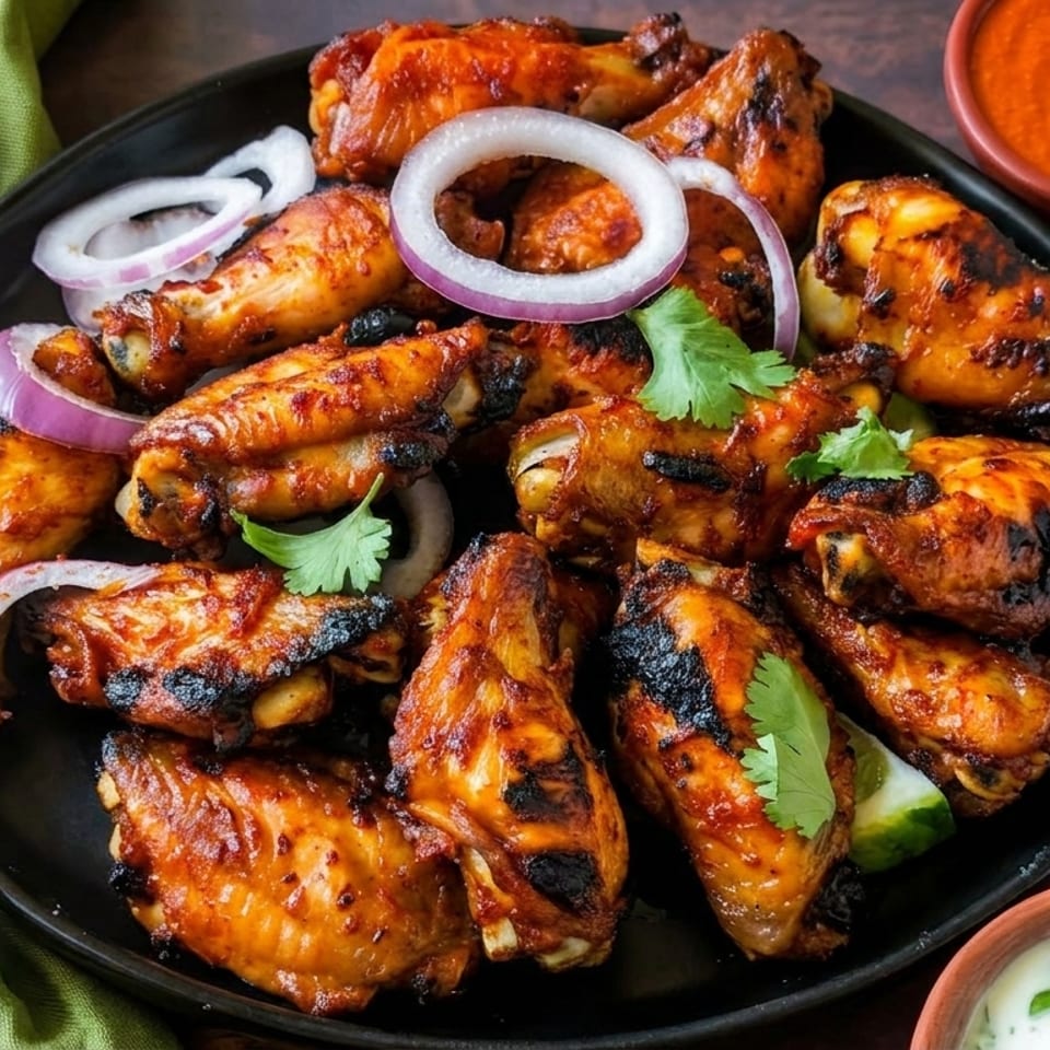 A black plate of grilled chicken wings with red onion, cilantro, lime, and dipping sauces.