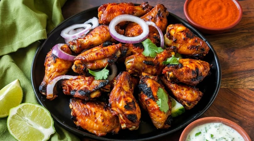 A black plate of grilled chicken wings with red onion, cilantro, lime, and dipping sauces.