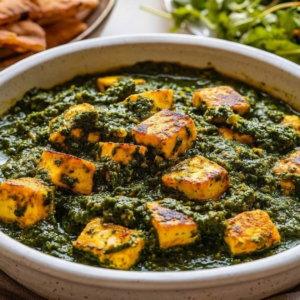 A white bowl filled with vibrant green palak paneer, featuring golden-brown paneer cubes, with naan and salad in the background.