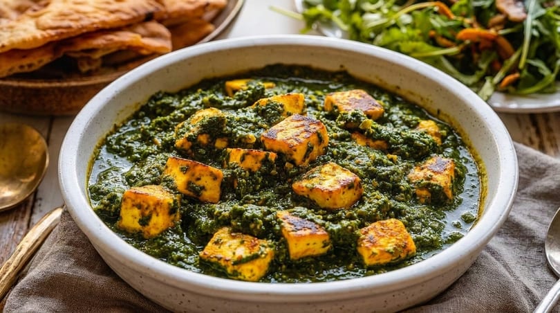 A white bowl filled with vibrant green palak paneer, featuring golden-brown paneer cubes, with naan and salad in the background.