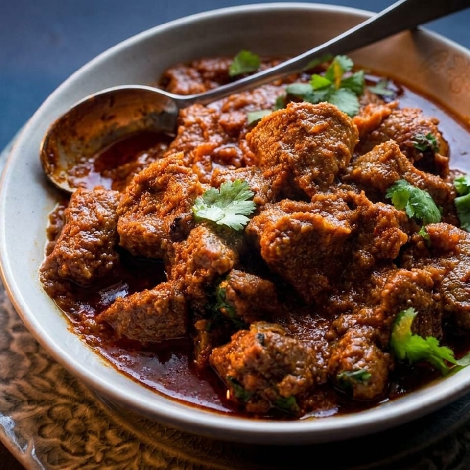 A bowl of rich, red curry with chunks of meat and fresh cilantro, with a spoon resting in it.