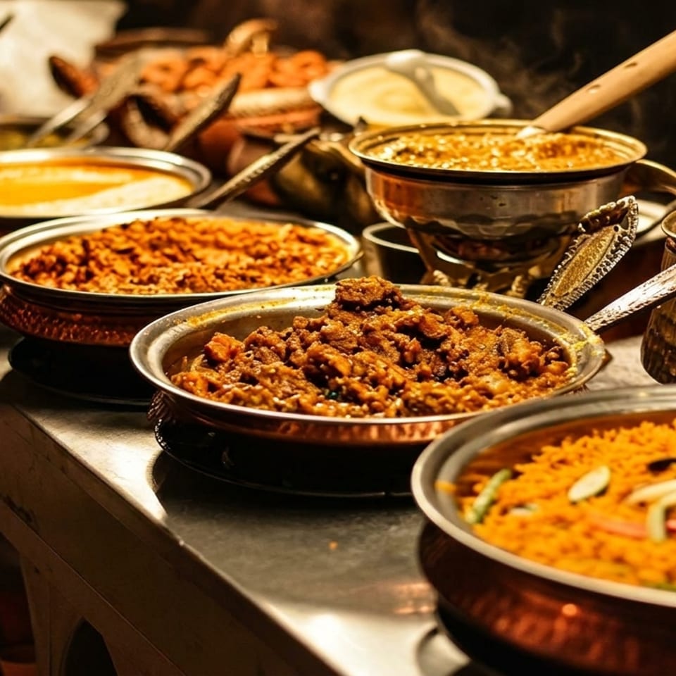 A buffet line with various steaming Indian dishes in ornate copper and silver serving bowls.