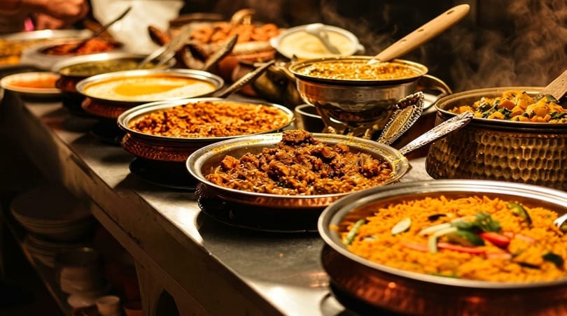 A buffet line with various steaming Indian dishes in ornate copper and silver serving bowls.