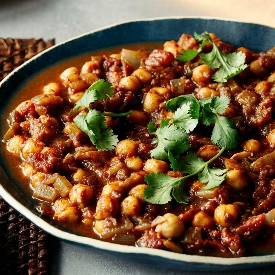 A blue bowl filled with chana masala, garnished with fresh cilantro, next to a plate of cucumber sticks.